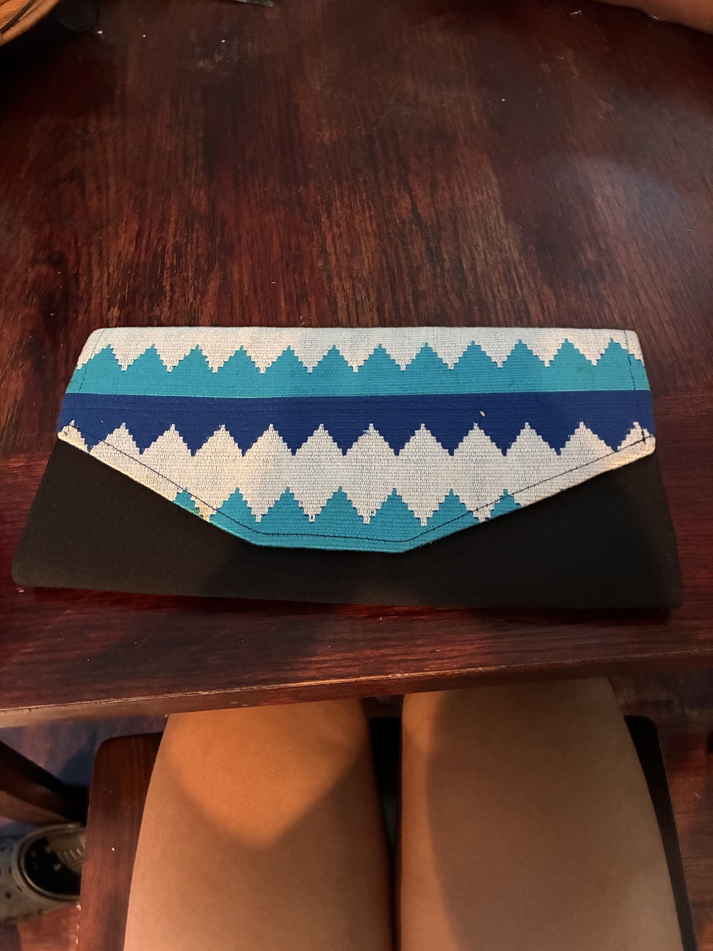 Stylish Black Envelope Clutch with Blue Chevron Accent